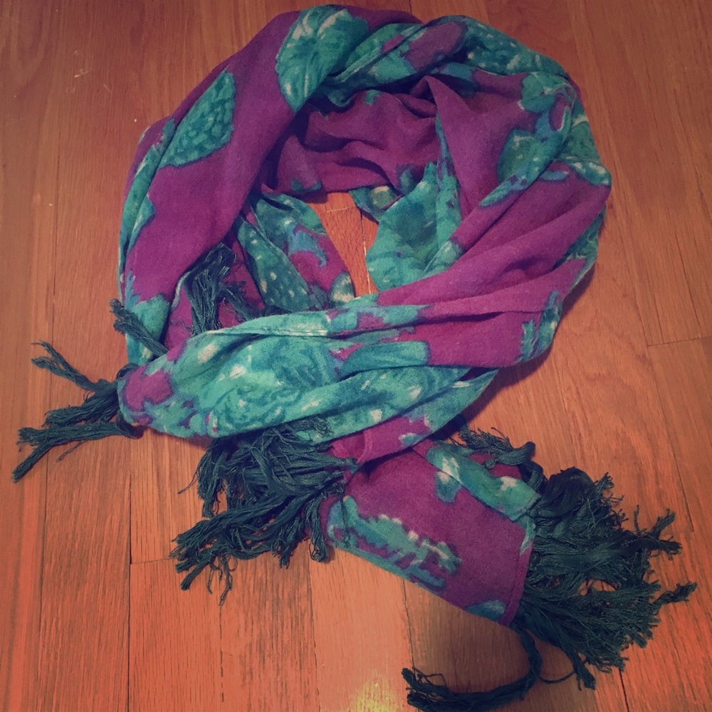 Purple and green floral scarf with fringe